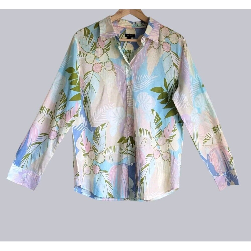 Talbots Womens L Cotton Long Sleeve Pastel Tropical Hawaiian Button Up Shirt